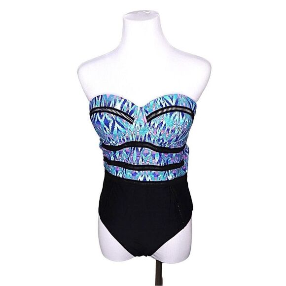 XOXO Blue Novelty Trim 1pc Sweetheart Strapless Swimsuit sz MEDIUM - Picture 2 of 10